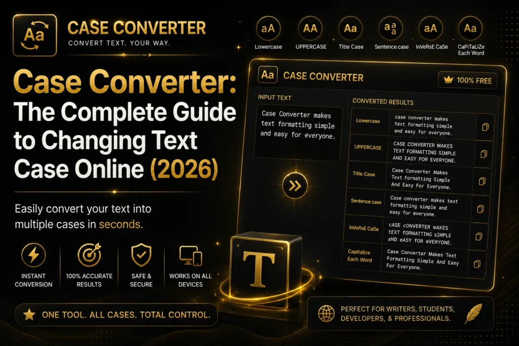 Case Converter tool showing uppercase, lowercase, title case, sentence case, and toggle case conversion in a premium dark and gold interface.
