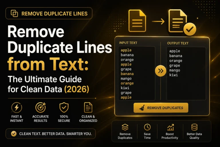 Remove Duplicate Lines tool highlighting duplicate text removal, clean data processing, and unique line management in a premium dark and gold interface.