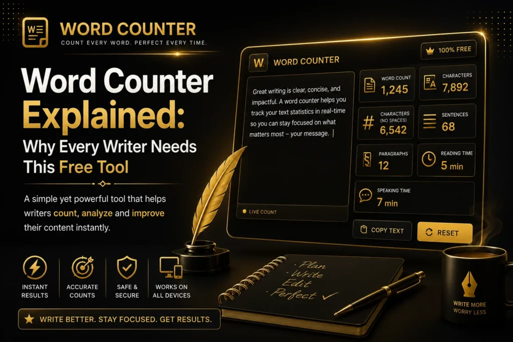 Word Counter tool displaying word count, character count, sentence count, paragraph count, and reading time in a premium dark and gold interface.