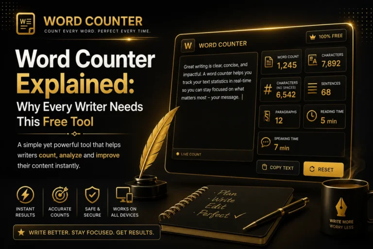 Word Counter tool displaying word count, character count, sentence count, paragraph count, and reading time in a premium dark and gold interface.